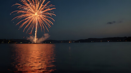 fireworks in the sky above a lake with a reflection in the water