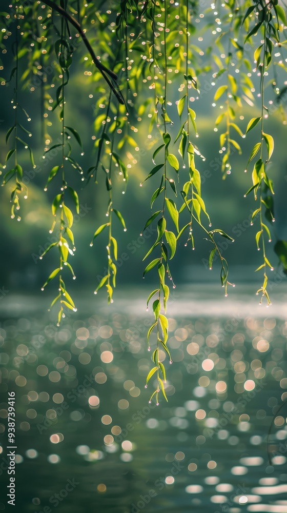 Poster sunlight gently filters through the hanging leaves by a serene water body, creating a tranquil and e