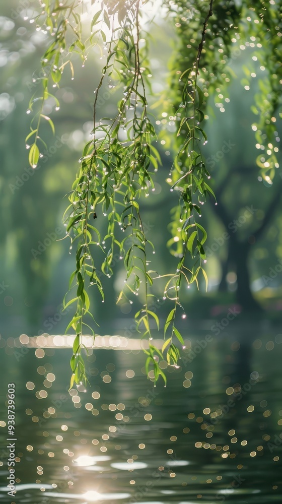 Poster sunlight filters through verdant willow branches, casting shimmering reflections on a tranquil water