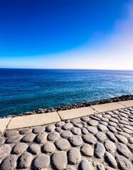 A beautiful stone path on the beach, where natural stones are neatly arranged towards the sea. generative ai