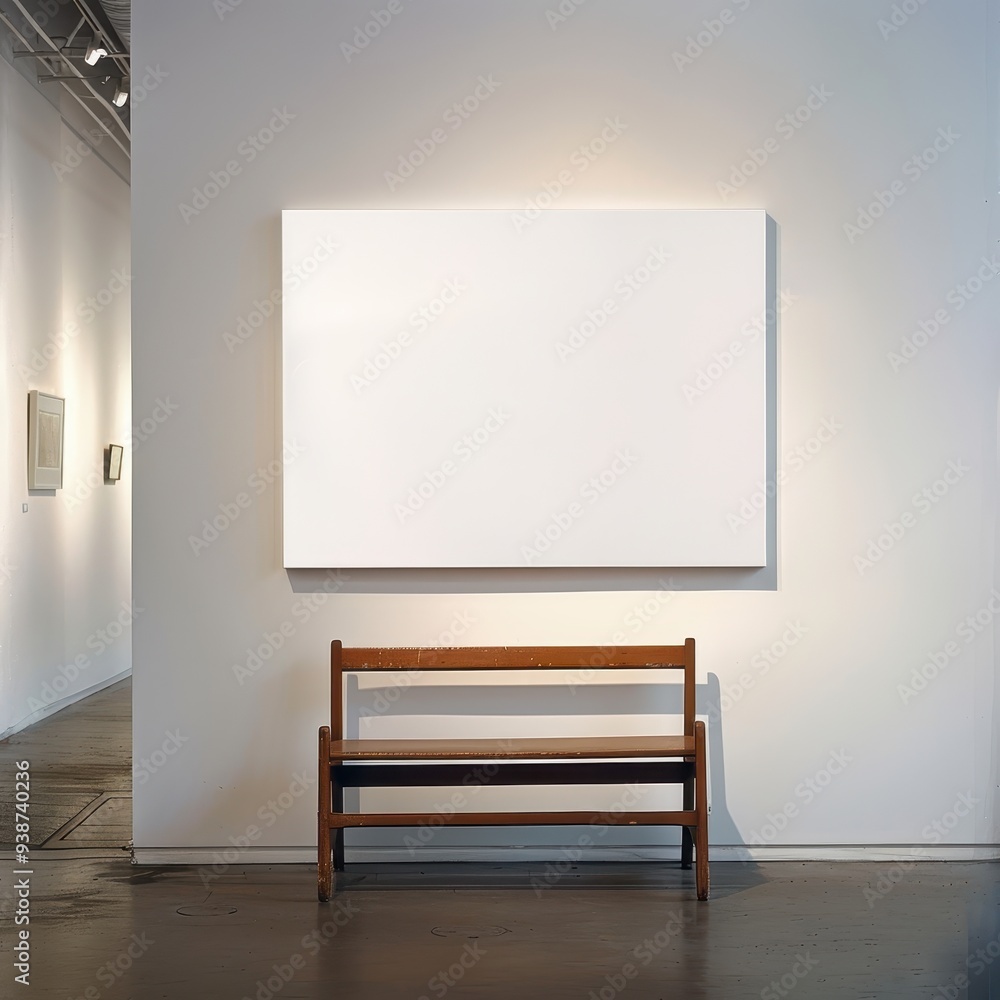 Poster a minimalist art gallery features a large blank canvas on a white wall above a simple wooden bench, 