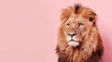 Fototapeta premium Majestic male lion with full mane looking directly at camera against pink background showcasing powerful feline beauty in studio portrait setting