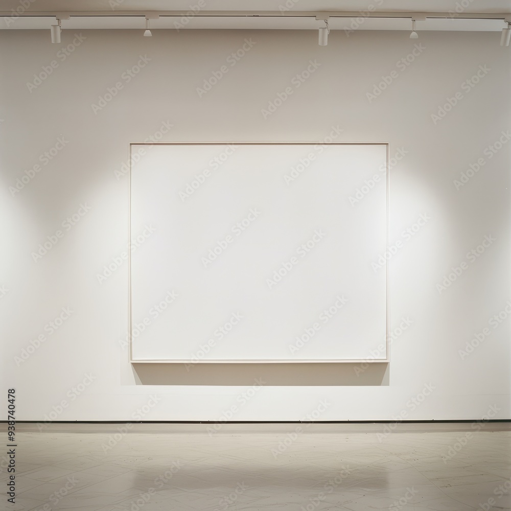 Poster an empty white canvas is displayed on a blank white wall in an art gallery, illuminated by overhead 