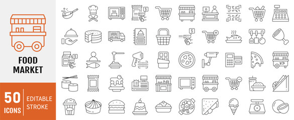 Food market icon collection set. Containing trolley, basket, grocery store, grocerant, consumer, food, vegetable, meal icon. Simple line vector.
