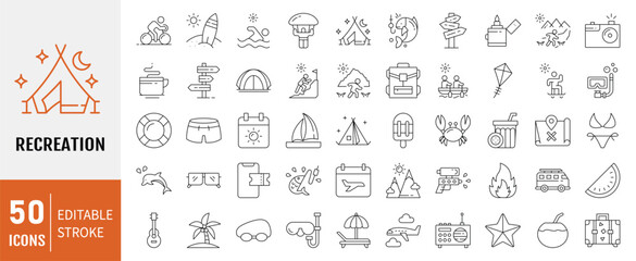 Recreation icon set. Containing hiking, tour, travel, summer, beach, holiday, vacation icons. Editable stroke. Vector illustration © ARIF MIFTAHUL ANWAR