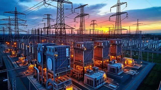 Pipes from a hydro power plant, electric towers, and a transformer against a backdrop of blue sky