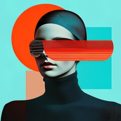 An abstract portrait featuring geometric shapes and vibrant colors, focusing on a combination of...