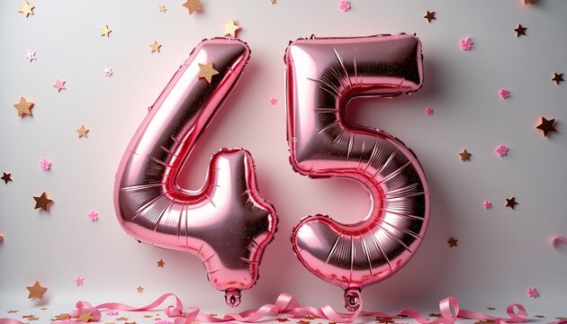 Number 45th Birthday Balloon Celebration Cake, Adorned with Sparkling Confetti, Stars, Glitters, and Streamer Ribbons for a Festive Atmosphere