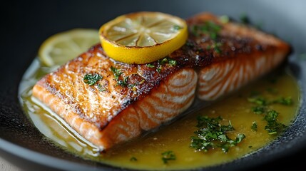 Juicy salmon fillet with a crispy skin, served with a lemon butter sauce, light and flavorful