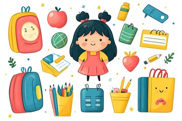 Cute cartoon school supplies illustration. Perfect for back to school themed projects and designs.