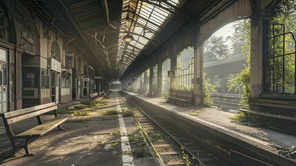 Serene Solitude: Abandoned Train Station Bathed in Sunlight, a Tranquil Echo of the Past, with Deserted Platform and Old Benches under an Open Roof