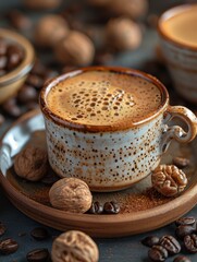 A ceramic cup of frothy coffee on a wooden tray, surrounded by coffee beans and walnuts, creating a cozy and rustic ambiance.