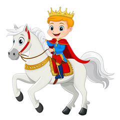 Cute little prince on a white horse Cartoon on transparent background, generated ai