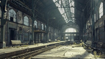 Obraz premium Serene Solitude: Abandoned Train Station Bathed in Sunlight, a Tranquil Echo of the Past, with Deserted Platform and Old Benches under an Open Roof