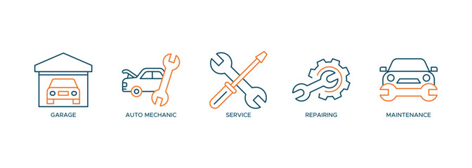 Car servicing icon set vector symbol illustration banner web concept with icon of garage, auto mechanic, service, repairing and maintenance