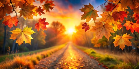 Maple leaves on a trail with a vibrant sunset background, realistic, warm colors, serene , Maple, leaves, trail, sunset