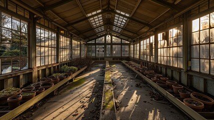 Serene Solitude: Abandoned Greenhouse Bathed in Sunlight, Rows of Plant Pots, Glass Ceiling Filtered Rays, Tranquil Garden Sanctuary