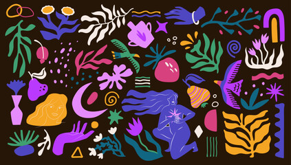 Doodle Matisse abstract. Trendy contemporary illustration nature, shape art, artwork background. Organic leaf element pattern floral. Naked woman, leaves and flowers. Vector cartoon flat background