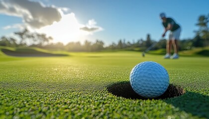 A golf ball sits in a cup on a green. The image shows a close-up of the ball as it goes in for a successful putt.