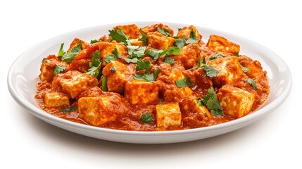 Plate of Paneer Tikka Masala on White Background. A Delicious Indian Dish Featuring Paneer Cubes in a Rich and Spicy Tomato-Based Sauce, Perfectly Presented on a Simple White Plate.