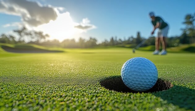 A golf ball sits in a cup on a green. The image shows a close-up of the ball as it goes in for a successful putt.