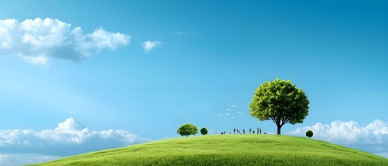 Fototapeta premium A serene landscape featuring a lush green hill, a solitary tree, and a clear blue sky, evoking tranquility and nature's beauty.