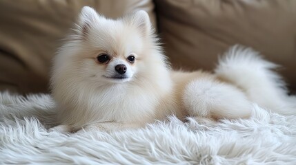 White Pomeranian Spitz. A Beautiful and Fluffy White Pomeranian Spitz Dog, Showcasing Its Elegant Fur and Adorable Features.