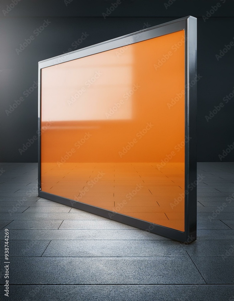 Wall mural billboard on wall, empty room with lcd tv, Perspective view of blank orange digital screen wall and concrete floor background. 3D Rendering, empty room with a frame