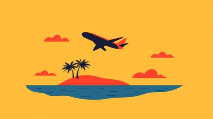 A simple 2D flat design of an airplane flying over a tropical island with palm trees and a beach The island is depicted as a small colorful patch of land in the middle of the ocean with the airplane f