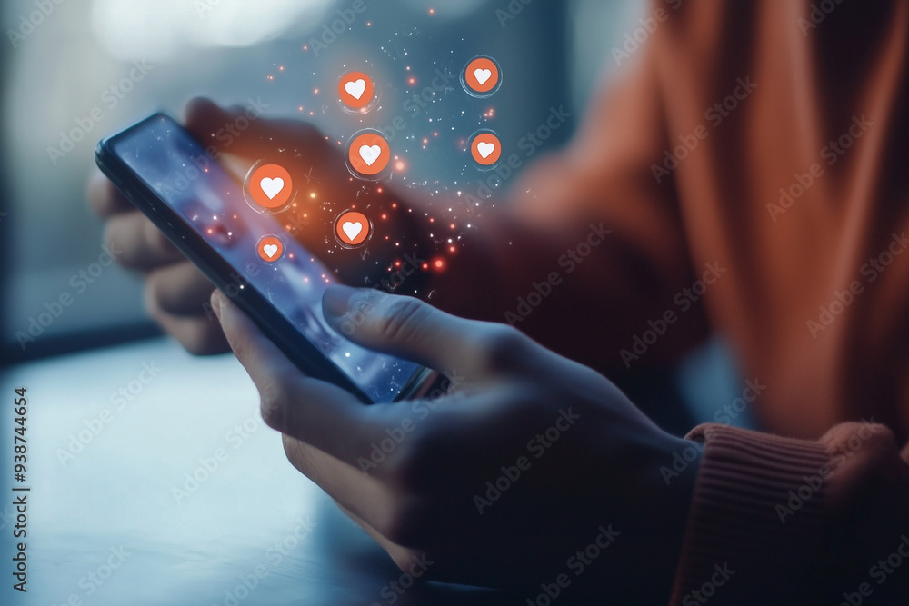 Poster man is holding a cell phone and looking at it. the screen is filled with hearts, which suggests that