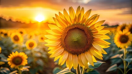 Fototapeta premium Close up shot of a sunflower's center illuminated during golden hour, sunflower, close up, golden hour, vibrant, nature, petals