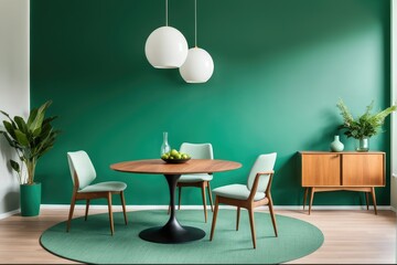 Mint color chairs at round wooden dining table in room with sofa and cabinet near green wall. Scandinavian, mid-century home interior design of modern living room