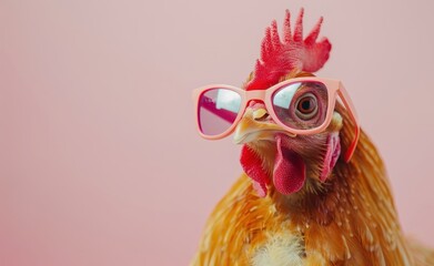 A chicken wearing stylish pink sunglasses, set against a playful pink background, creating a humorous and cheerful scene.