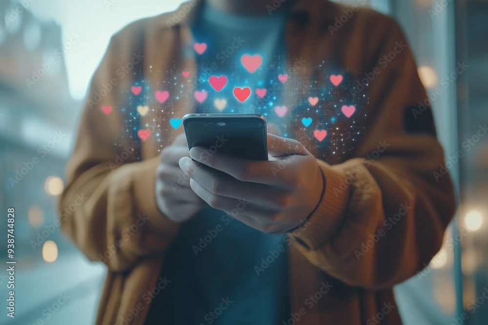 Poster man is holding a cell phone and looking at it. the screen is filled with hearts, which suggests that