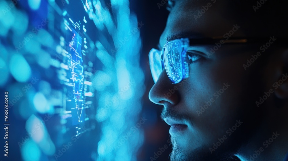 Poster man looking at data on screen