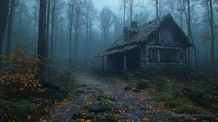 A spooky old shack in the woods captures the Halloween spirit, perfect for seasonal decorations, storytelling, or themed events with copy space.