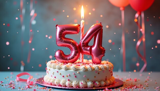 Number 54th Birthday Balloon Celebration Cake, Adorned with Sparkling Confetti, Stars, Glitters, and Streamer Ribbons for a Festive Atmosphere