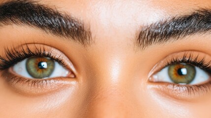 Fototapeta premium A portrait of a woman with naturally bushy eyebrows unaltered and expressive The image is shot in a bright even light with the focus on the eyes and eyebrows celebrating the unique and bold beauty of