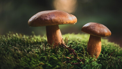 A close up of two mushrooms on a moss 