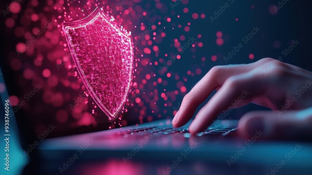 Poster a hand typing on a keyboard, with a digital shield forming around the screen, representing the prote