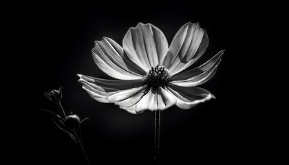 Obraz premium A black and white photograph captures a flower with a lengthy central stem