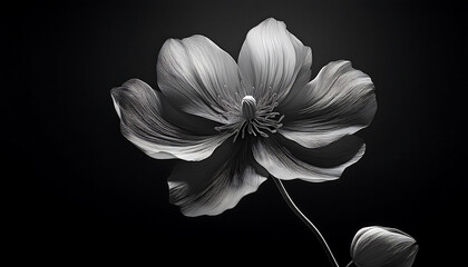 A black and white photograph captures a flower with a lengthy central stem