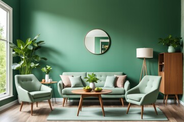 Mint color chairs at round wooden dining table in room with sofa and cabinet near green wall. Scandinavian, mid-century home interior design of modern living room