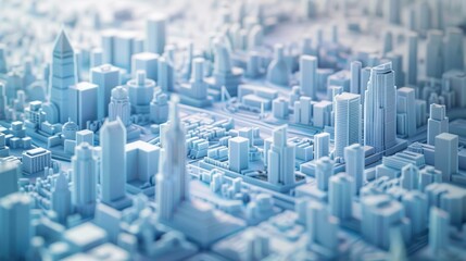 A detailed miniature model of a modern city skyline, showcasing numerous skyscrapers and buildings in a monochromatic blue tone.