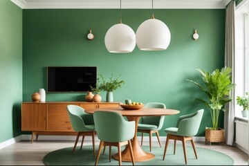 Mint color chairs at round wooden dining table in room with sofa and cabinet near green wall. Scandinavian, mid-century home interior design of modern living room
