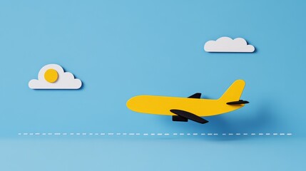 A minimalist 2D illustration of an airplane flying across a clear blue sky with a dotted line trail behind it symbolizing a journey The background includes subtle clouds and a bright sun in the corner