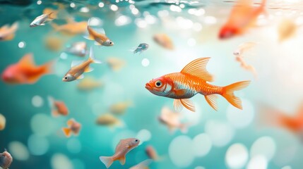 Fototapeta premium A fish tank filled with water, refracting light and creating distorted reflections of the colorful, hand drawn illustrations of fish swimming around, showcasing the beauty of underwater life.