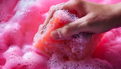 A Hand Holding a Sponge Soaked in Pink Soap