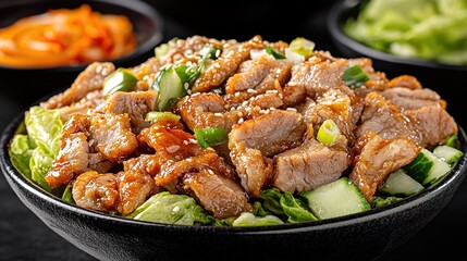 South Korean Open-Air Restaurant with a Bowl of Fried Pork and Foxtail Salad on the Table. A Vibrant and Authentic Dining Experience Showcasing Traditional Korean Cuisine in a Casual Outdoor Setting.