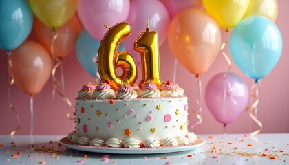 Number 61st Birthday Balloon Celebration Cake, Adorned with Sparkling Confetti, Stars, Glitters, and Streamer Ribbons for a Festive Atmosphere